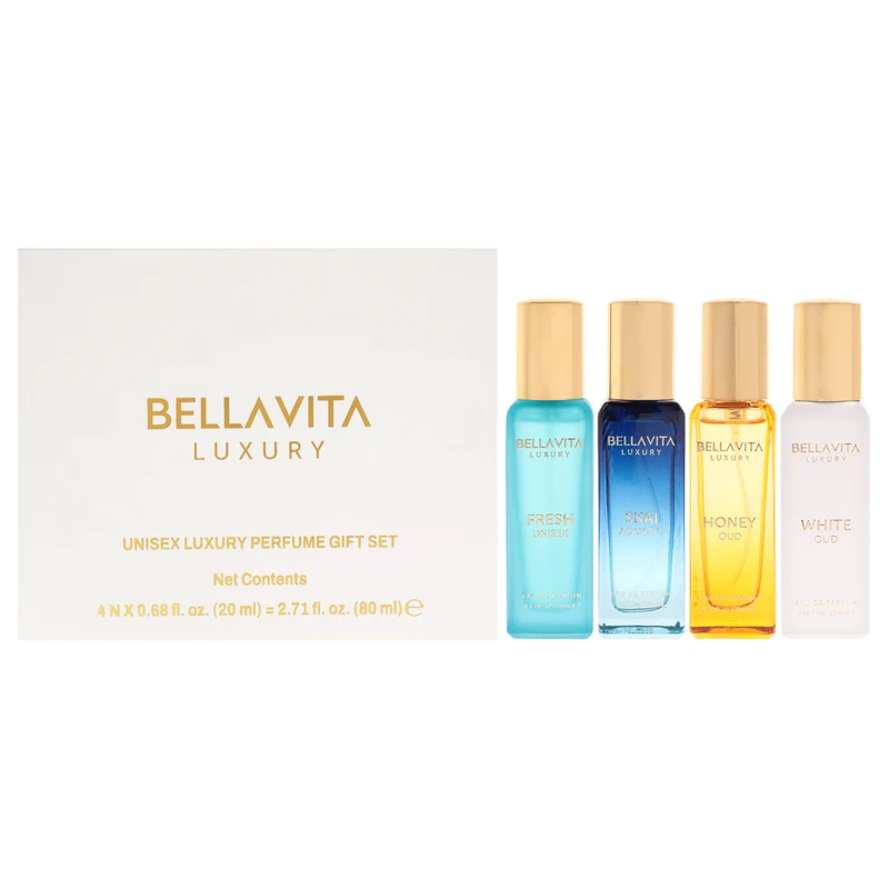 Bellavita Luxury Perfume Gift Set by Bellavita for Unisex - 4 Pc Gift Set 0.68oz Skai Aquatic EDC Spray, 0.68oz Fresh EDT Spray, 0.68oz Honey Oud EDP Spray, 0.68oz White Oud EDP Spray 4 Pc Gift Set