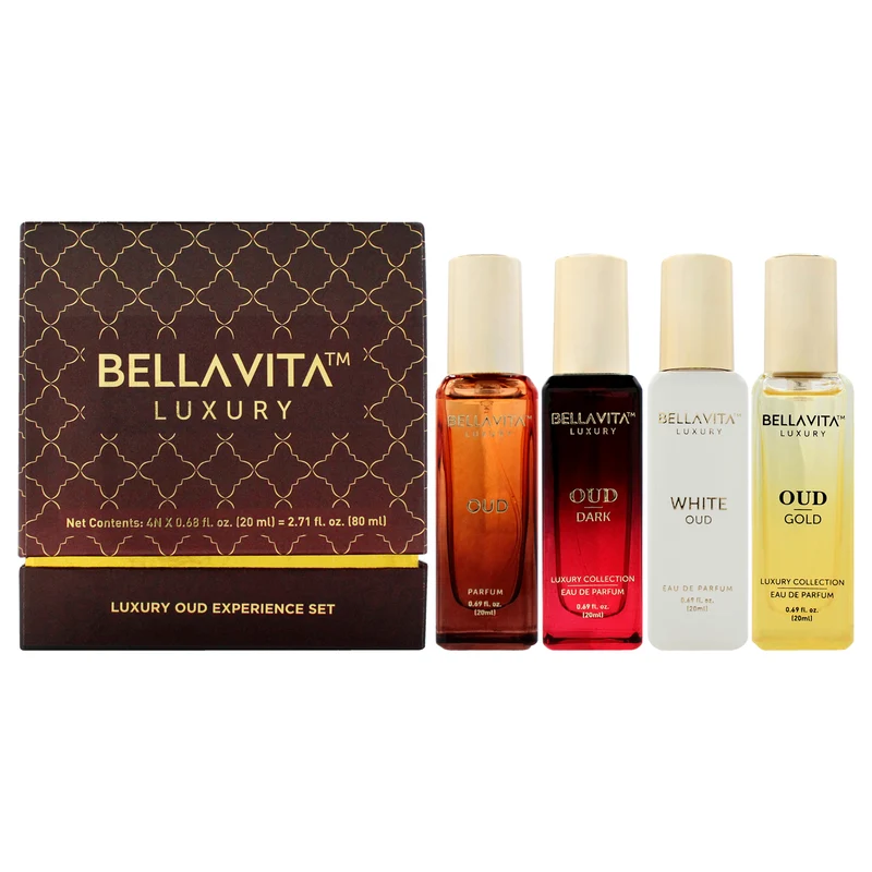 Bellavita Luxury Oud Experience Set by Bellavita for Unisex - 4 Pc Gift Set 0.68oz Oud Gold EDP Spray, 0.68oz White Oud EDP Spray, 0.68oz Oud Dark EDP Spray, 0.68oz Oud EDP Spray 4 Pc Gift Set