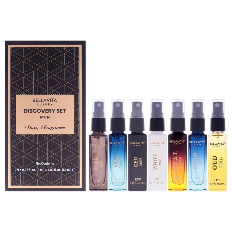 Bellavita Discovery Set by Bellavita for Men - 7 Pc Mini Gift Set 0.27oz G.o.a.t. EDP Spray, 0.27oz Klub EDP Spray, 0.27oz Gold Oud EDP Spray, 0.27oz Ceo EDP Spray, 0.27oz Skai Aquatic EDP Spray, 0.27oz Ocean EDP Spray, 0.27oz White Oud EDP Spray 7 Pc Mini Gift Set
