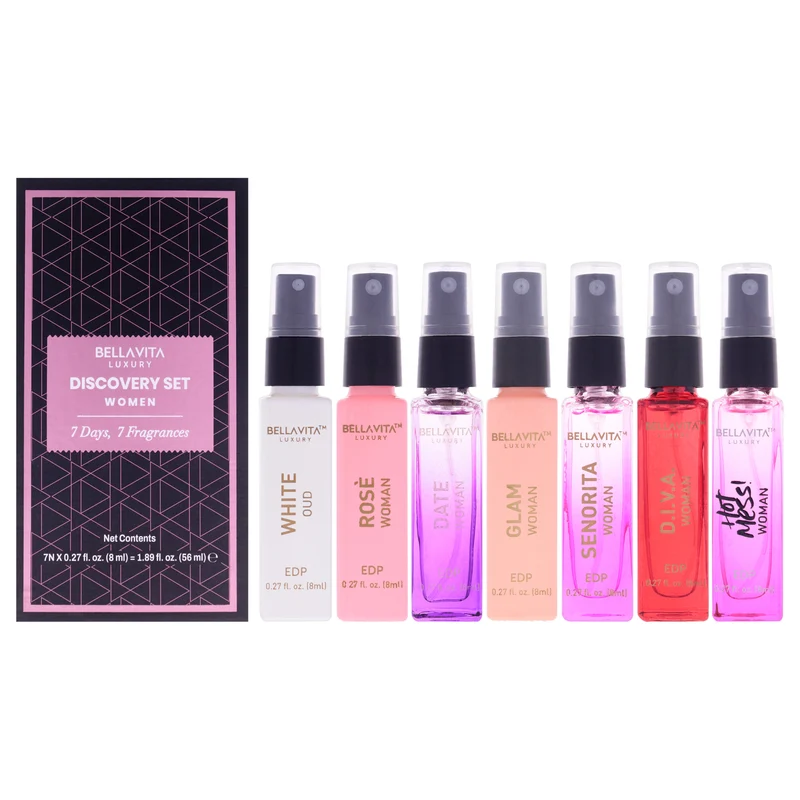 Bellavita Discovery Set by Bellavita for Women - 7 Pc Mini Gift Set 0.27oz Rose EDP Spray, 0.27oz Glam EDP Spray, 0.27oz Date EDP Spray, 0.27oz Senorita EDP Spray, 0.27oz D.i.v.a. EDP Spray, 0.27oz Hot Mess EDP Spray, 0.27oz White Oud EDP Spray 7 Pc Mini Gift Set