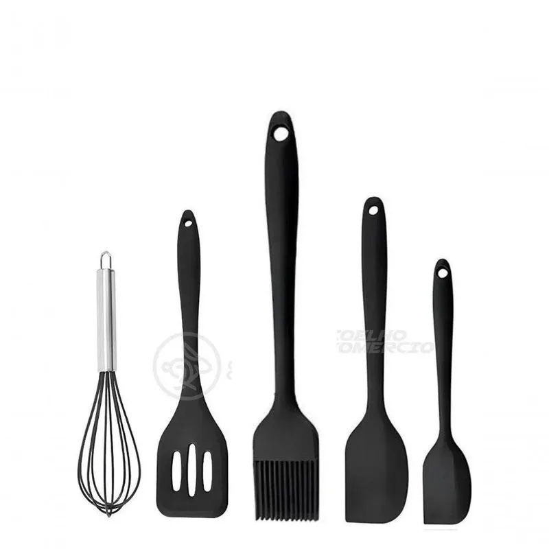Kit Utensílios De Cozinha Pincel Culinário Silicone Completo Com Batedor E Espátulas Preto