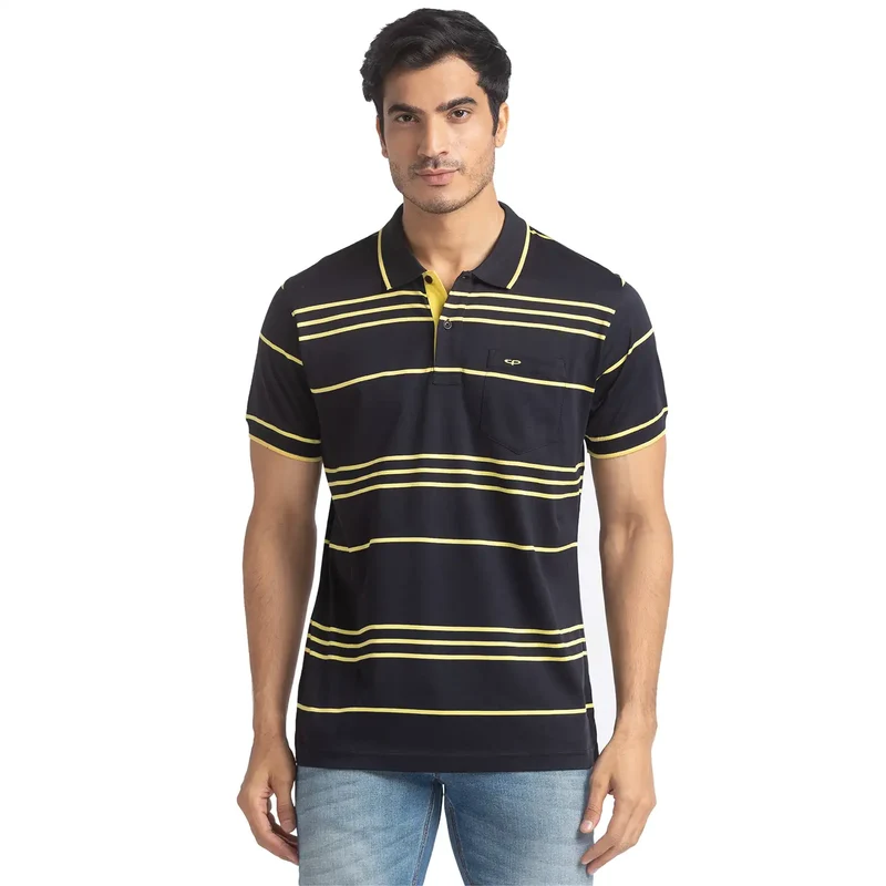 Colorplus Men Black Tailored Fit Striped Polo Neck Collar T-Shirt 2XL / Black