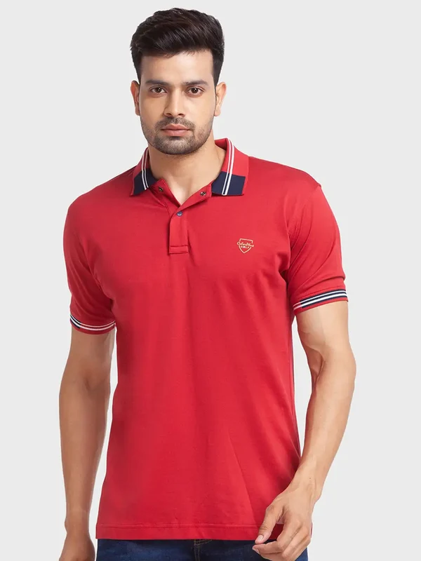 Colorplus Men Red Tailored Fit Solid Polo Neck Collar T-Shirt XS / Red