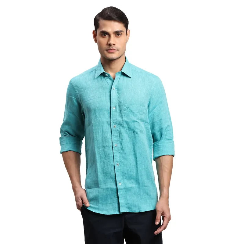 Colorplus Men Green Regular Fit Weft Chambray Linen Casual Shirt M / Green