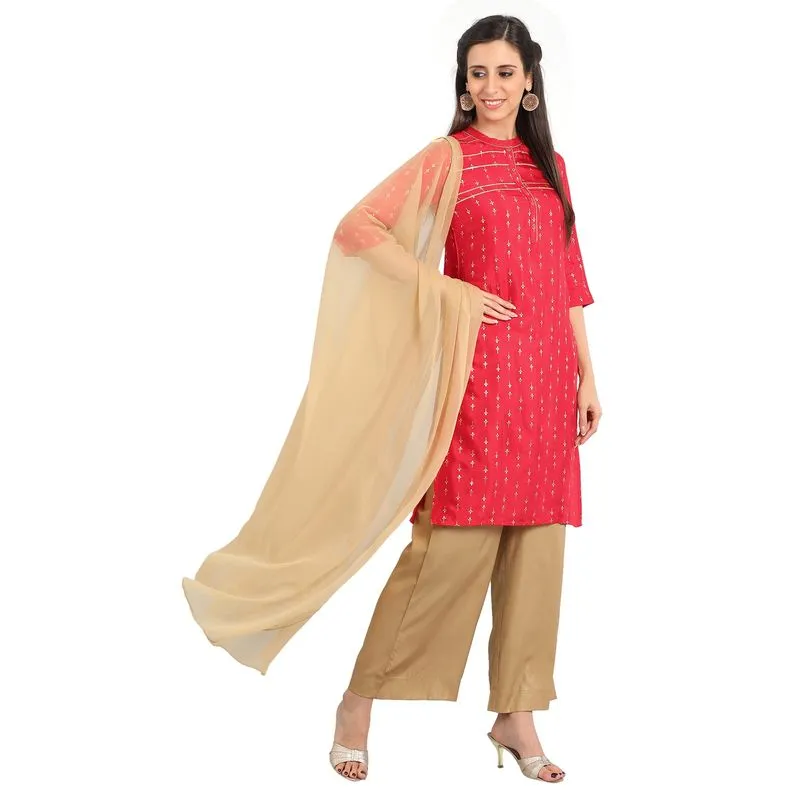 Aurelia Women's Band Collar Printed Kurta - Red 19FEA10459-500191-S