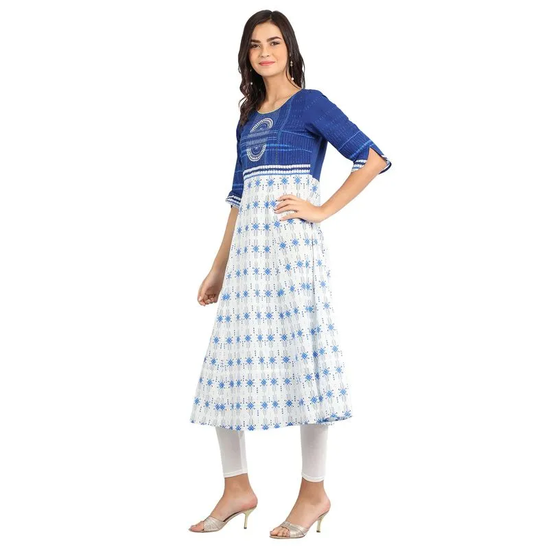 Aurelia Women's Disha Patani Collection Round Neck Printed Kurta - Blue and White 19FEA10585-500255-XS