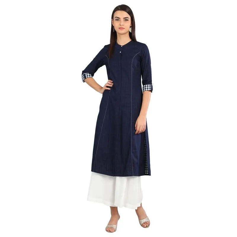Aurelia Women's Disha Patani Collection Band Collar Yarn-dyed Kurta - Deep Blue 19FEA10598-700037-S