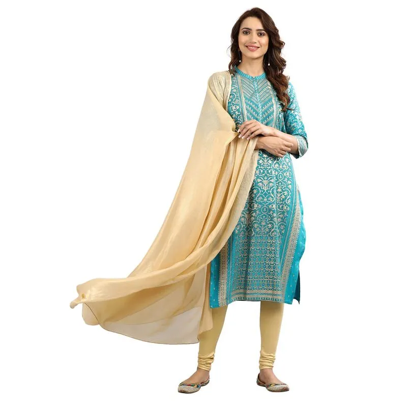 Aurelia Women's Band Collar Printed Kurta - Capri Breeze 19AUA10801-500633-M