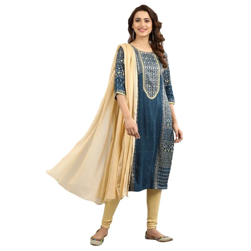 Aurelia Women's Round Neck Printed Kurta - Reflecting Pond 19AUA10797-500647-L