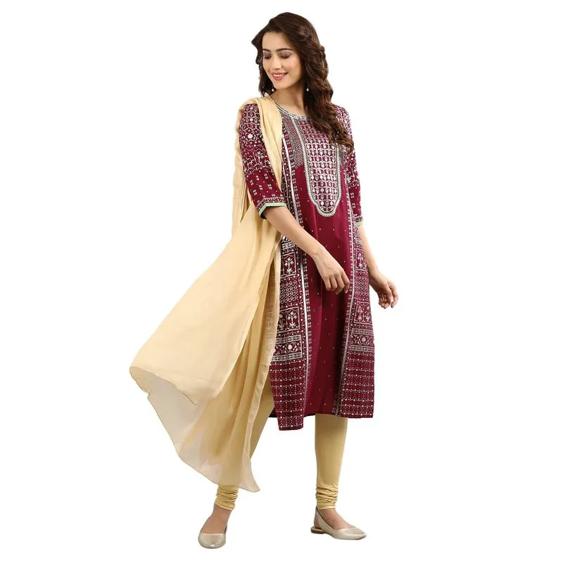 Aurelia Women's Round Neck Printed Kurta - Wine 19AUA10797-500649-XXL