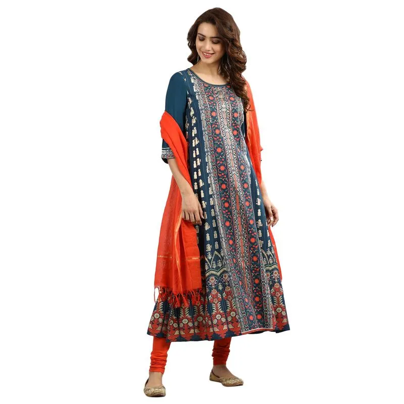 Aurelia Women's Round Neck Printed Kurta - Reflecting Pond 19AUA10799-500642-S