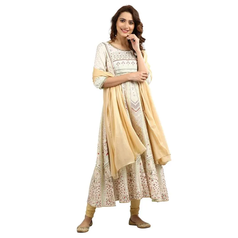 Aurelia Women's Round Neck Printed Kurta - OffWhite 19AUA10798-500655-S