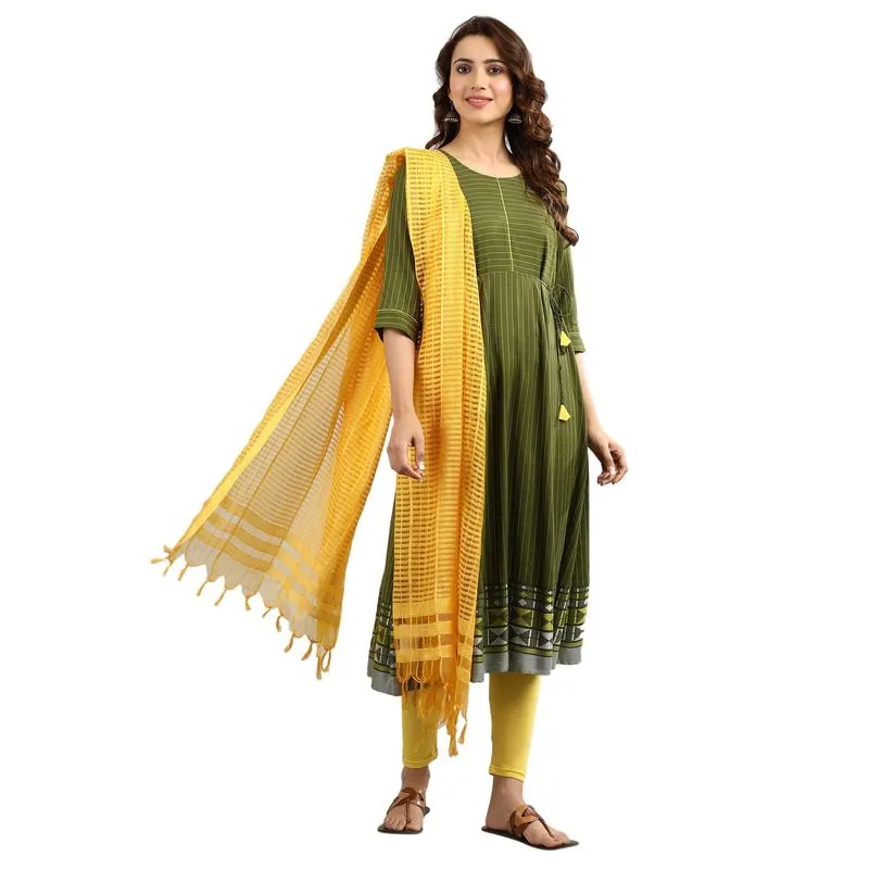Aurelia Women's Yarn-dyed Tie-up Kurta - Wood Pine 19AUA10961-700387-L