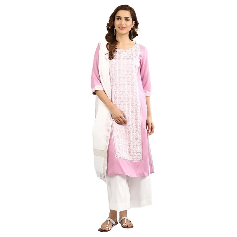 Aurelia Women's Purple Round Neck Yarn-dyed Kurta - Cashmere Rose 19AUA10772-700364-XS