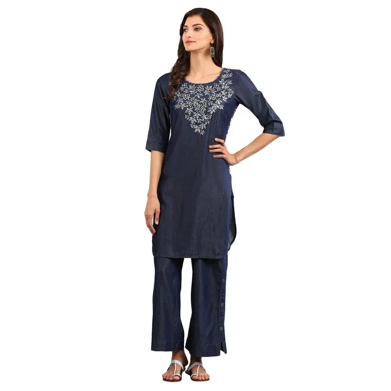 Aurelia Women's Round Neck Yarn-dyed Kurta - Dark Blue 19AUA11127-700679-XXL