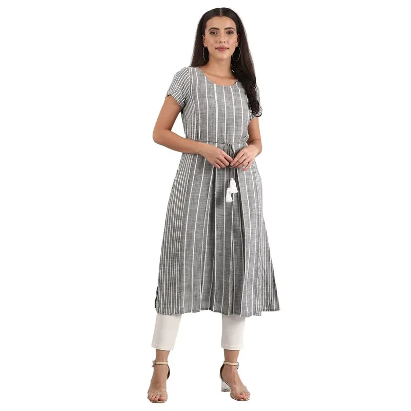 Aurelia Women's Round Neck Striped Liva Kurta - Charcoal 20FEA11150-701095-XS