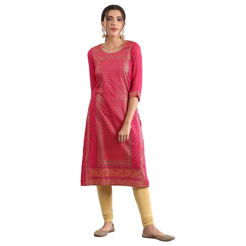 Aurelia Women's Round Neck Printed Kurta - Bright Pink 20FEA11331-501238-XL