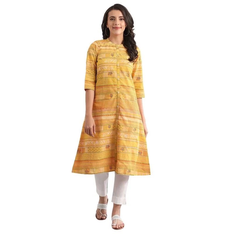 Aurelia Women's Band Collar Reversible Kurta - LEmon Curry 20FEA11417-501629-XS