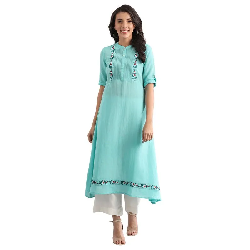 Aurelia Women's Band Collar Solid Kurta - Atlantis 20FEA11418-601285-XXL