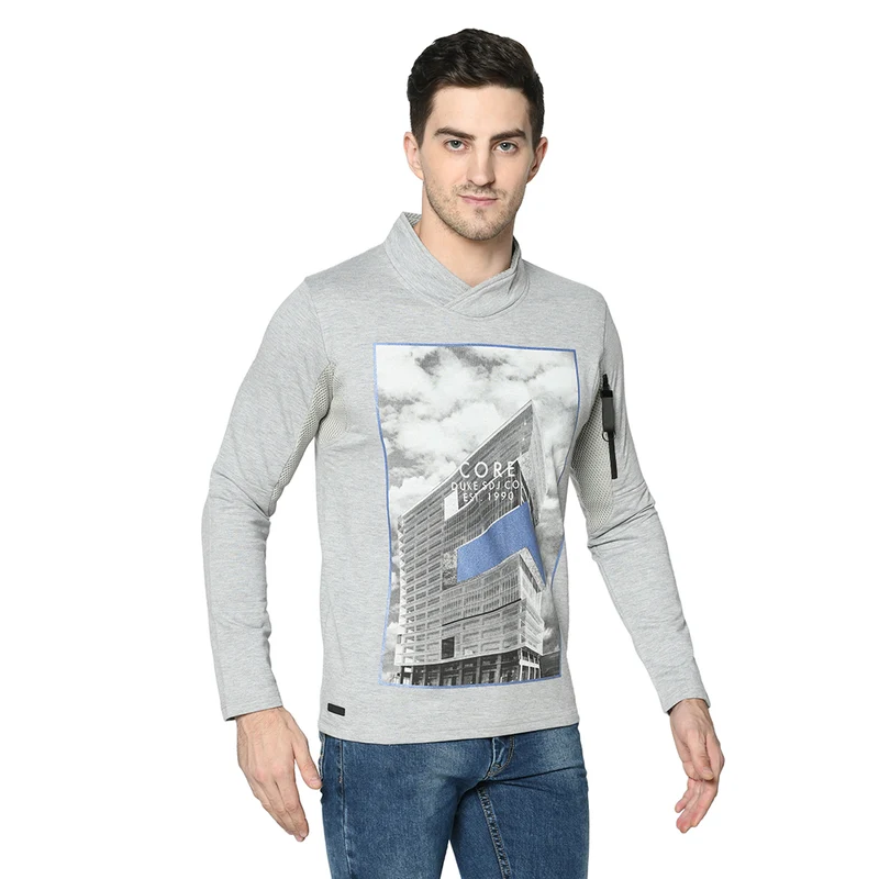 Duke Stardust Men Cowl Neck Sweatshirt (LF3367) M.Grey Melange / L / Printed