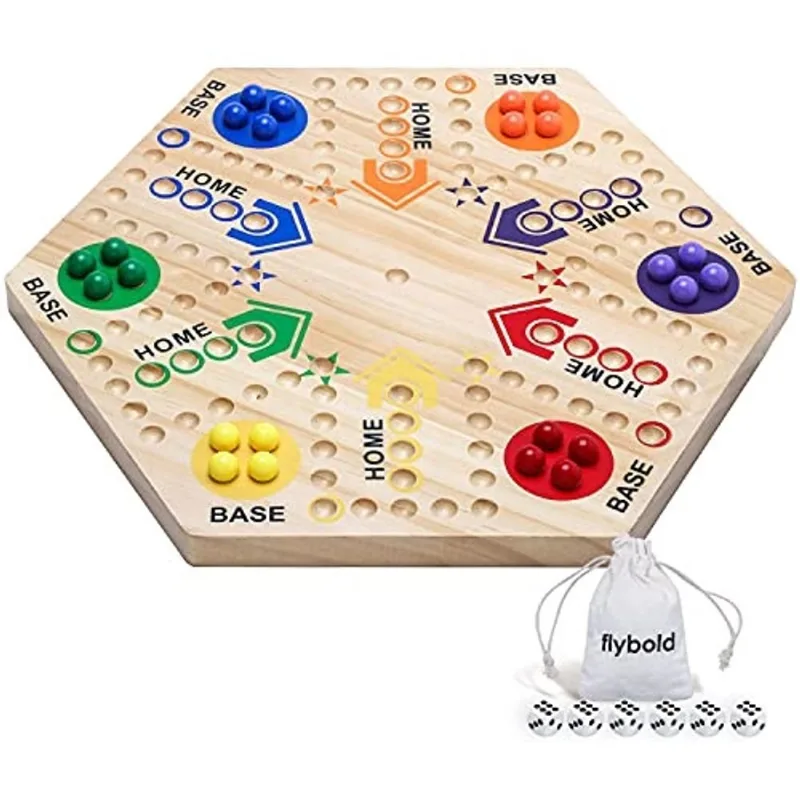 Flybold Marble Board Game Original Wahoo Board Game Double Sided Pintado 6 e 4 Jogador Jogo de Tabuleiro de Madeira Com 6 Cores 24 Mármores 6 Dados e Saco de Desenho de Veludo para Adultos Família Cri
