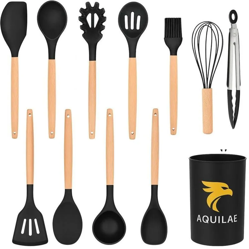 Kit Utensílios De Cozinha Colher Arroz Concha Feijão Espátula Completo Em Silicone E Madeira
