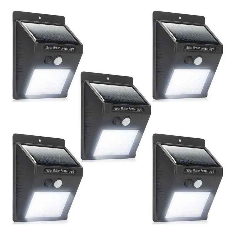 Kit 5 Luminária Solar Luz 30 Led Com Sensor De Presença Automático Preto Aquilae