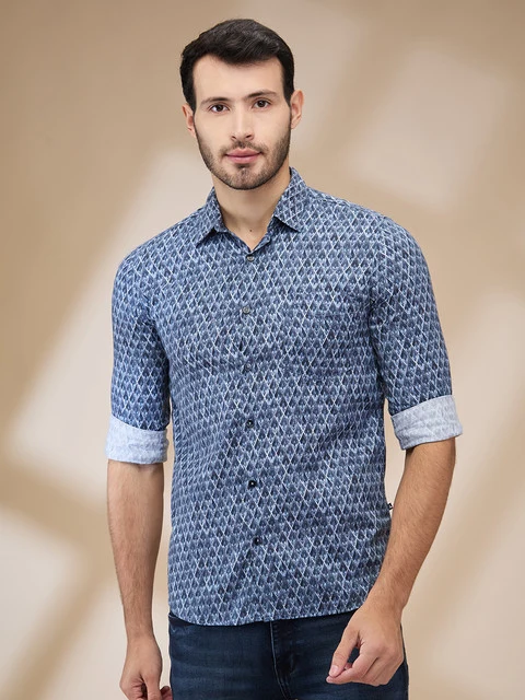 Parx Men Blue Slim Fit Printed Casual Shirt 39 / Blue