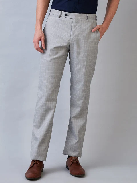 Park Avenue Men Grey Regular Fit Checks Trouser 32 / Grey