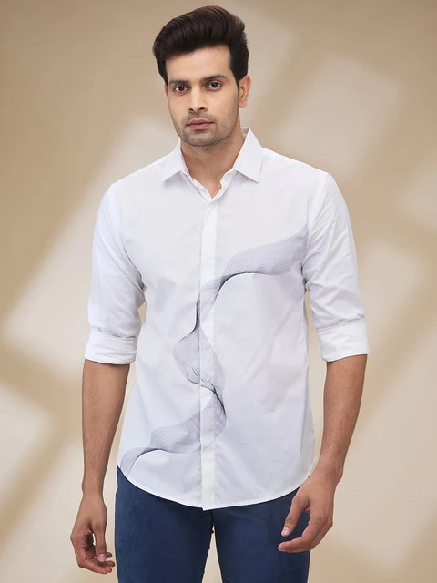 Park Avenue Men White Slim Fit Printed Casual Shirt 40 / White