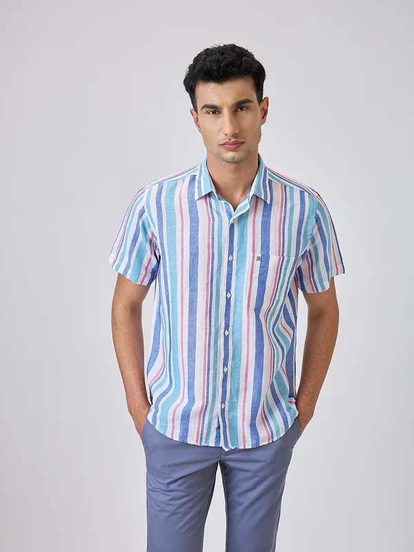 Raymond Men Blue Regular Fit Striped Casual Shirt 44 / Blue