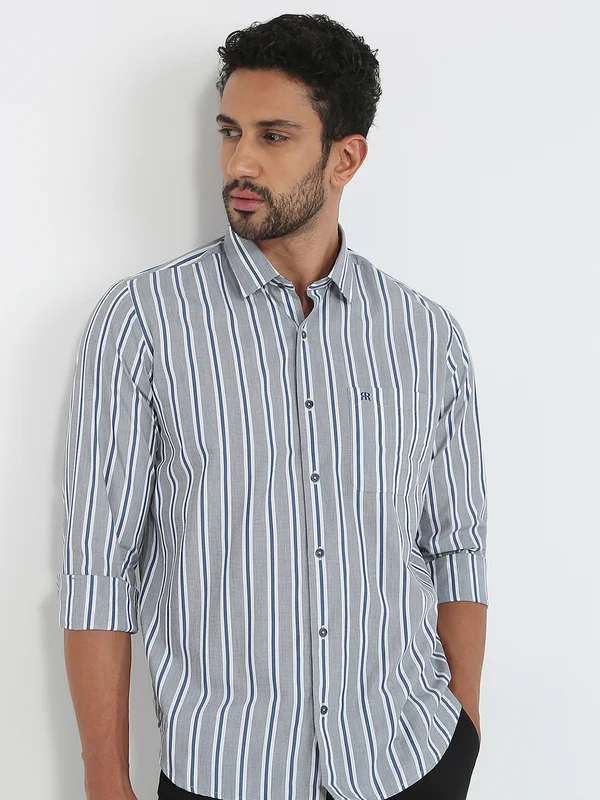 Raymond Men Blue Regular Fit Striped Casual Shirt 42 / Blue