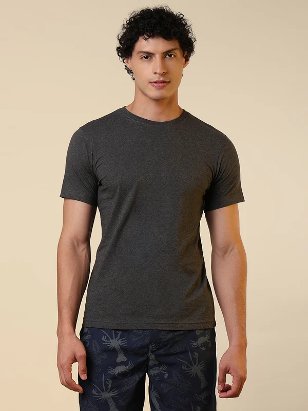 Sleepz Men Grey Regular Fit Solid Round Neck Collar T-Shirt XL / Grey