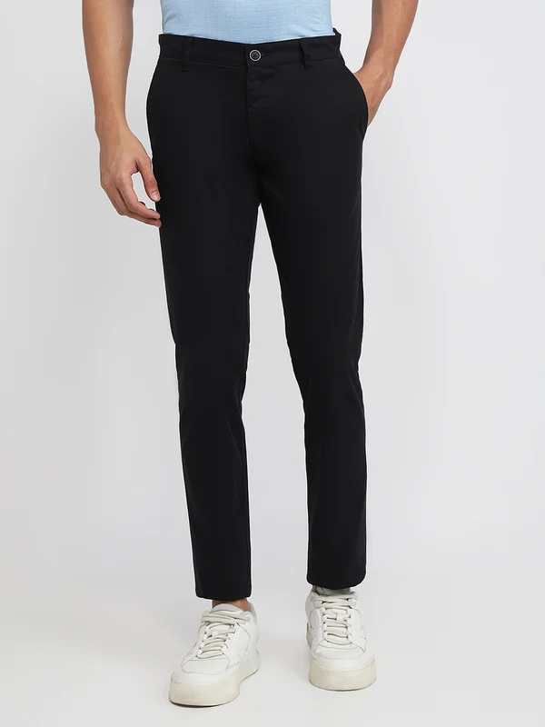 Parx Men Black Low Rise Tapered Fit Solid Trouser 30 / Black