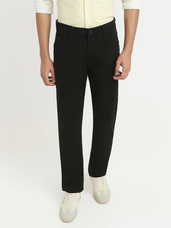 Parx Men Black Mid Rise Straight Fit Knitted Jeans 38 / Black