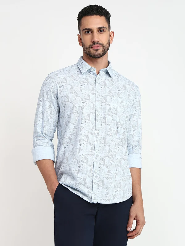 Parx Men Blue Slim Fit Printed Casual Shirt 46 / Blue