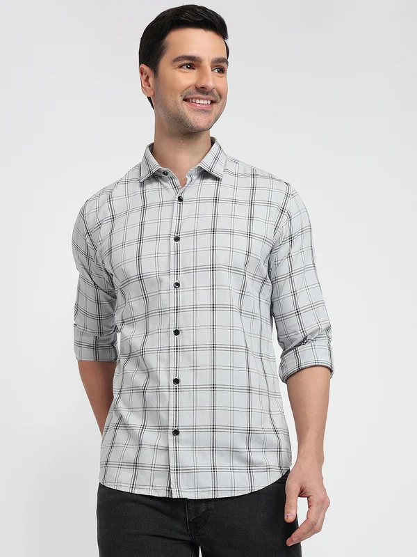 Park Avenue Men Grey Slim Fit Checks Casual Shirt 40 / Grey