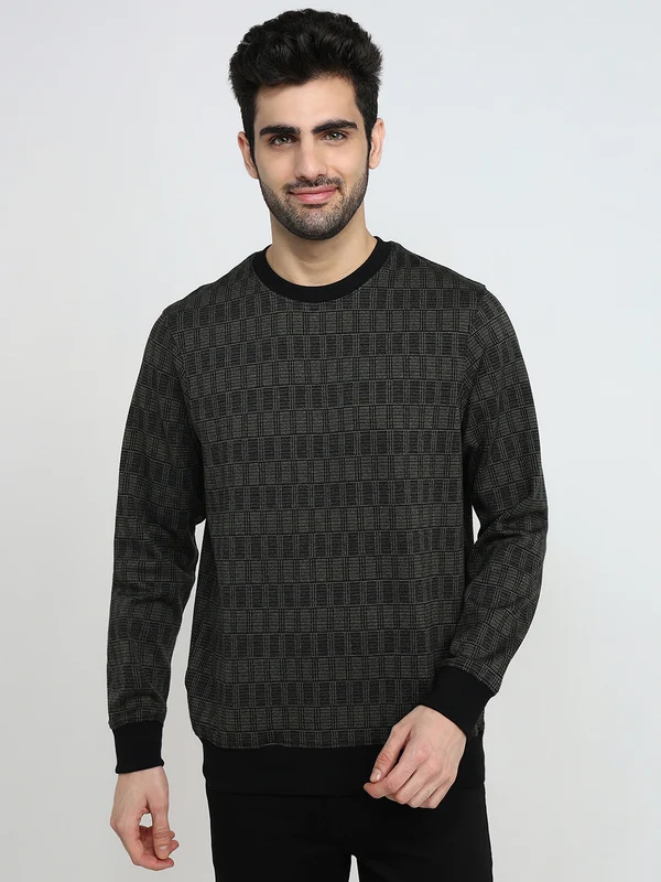 Parx Men Green Regular Fit Checks Round Neck Collar Sweatshirt 40 / Green