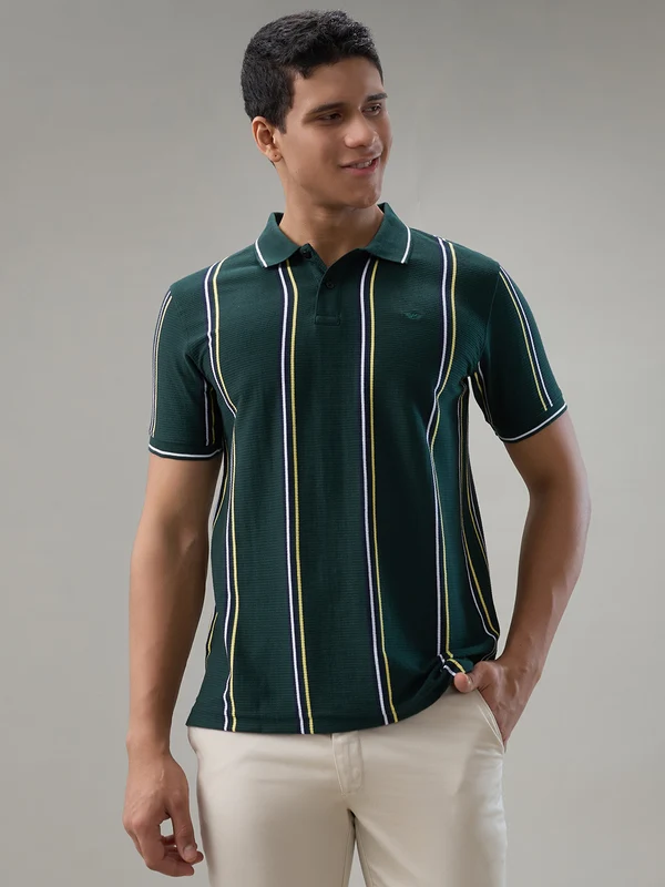 Park Avenue Men Green Slim Fit Striped Polo Neck Collar T-Shirt 42 / Green