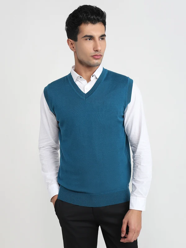 Raymond Men Blue Solid V Neck Collar Sweatshirt 42 / Blue