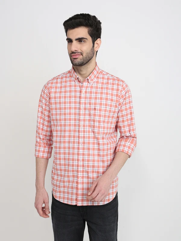 Raymond Men Orange Regular Fit Checks Casual Shirt 40 / Orange