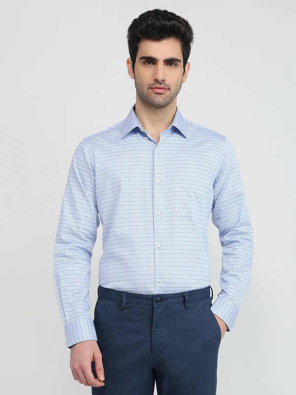 Raymond Men Blue Contemporary Fit Checks Formal Shirt 46 / Blue