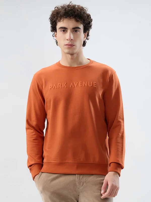 Park Avenue Men Orange Slim Fit Solid Round Neck Collar Sweatshirt 2XL / Orange