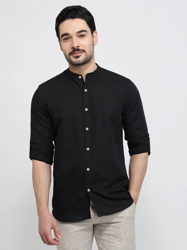 Parx Men Black Slim Fit Solid Casual Shirt 46 / Black