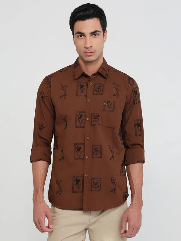 Parx Men Brown Slim Fit Embroidery Casual Shirt L / Brown