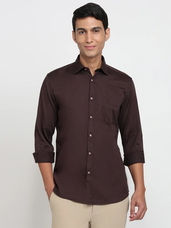 Parx Men Brown Slim Fit Solid Casual Shirt 39 / Brown