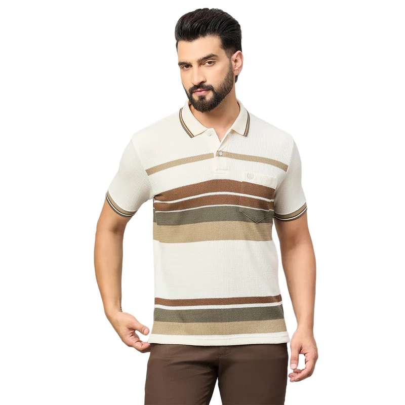 Duke Urban Men Half Sleeve Polo Cotton Tshirt (LF7671) Off White / XXL / Striped
