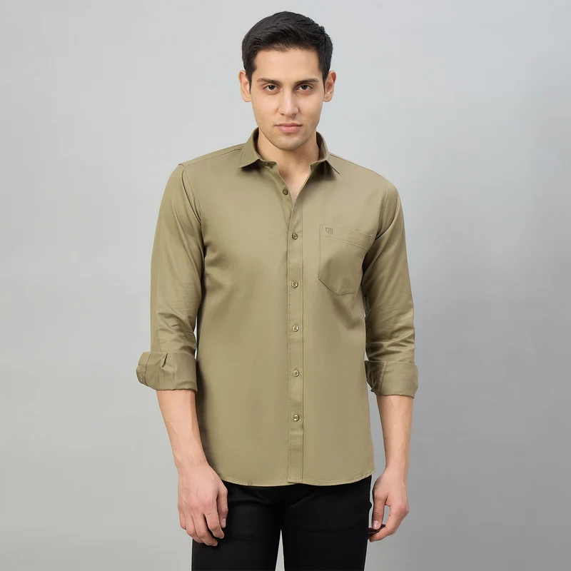 Duke Men Slim Fit Full Sleeve Short Style Cotton Shirt (SDO8PLTC) Khaki / XL / solid