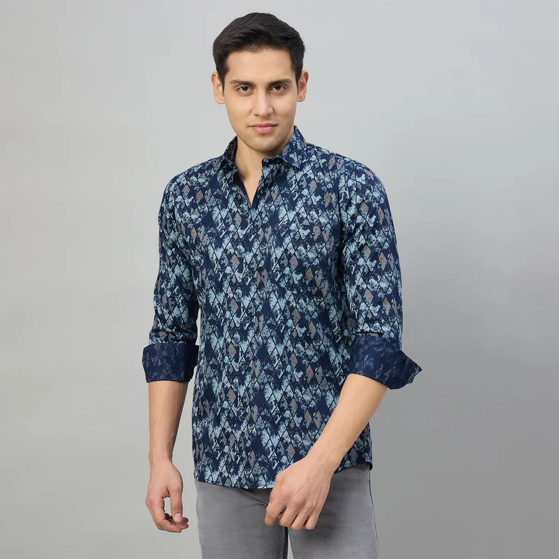 Duke Men Slim Fit Full Sleeve Short Style Cotton Shirt (SDO8PRBK) Navy / M / Printed