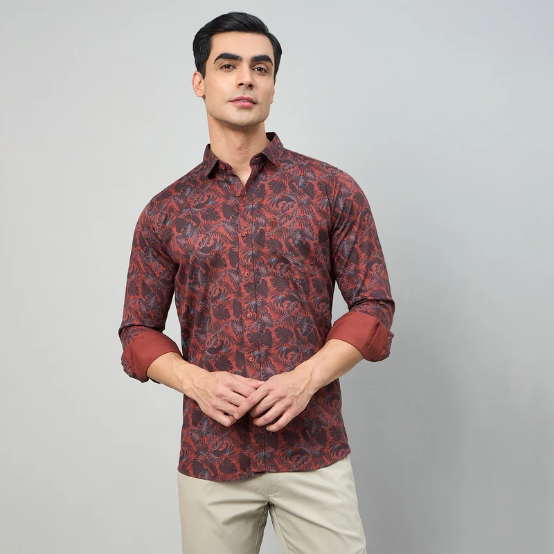 Duke Men Slim Fit Full Sleeve Short Style Cotton Shirt (SDO8PRBP) Mehroon / L / Printed